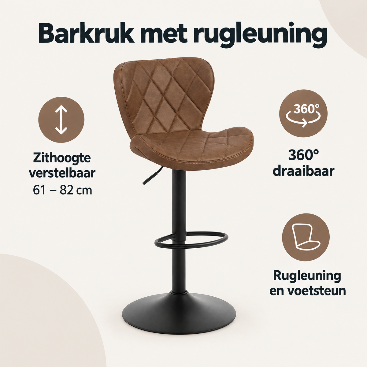 Overzicht van barkruk met rugleuning met de belangrijkste productvoordelen