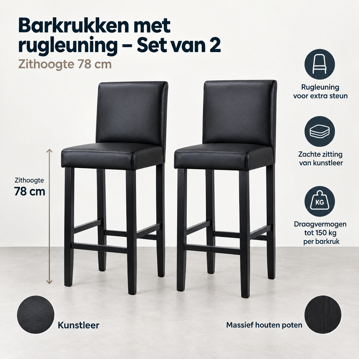 Afmetingen en productspecificaties van barkrukken met rugleuning