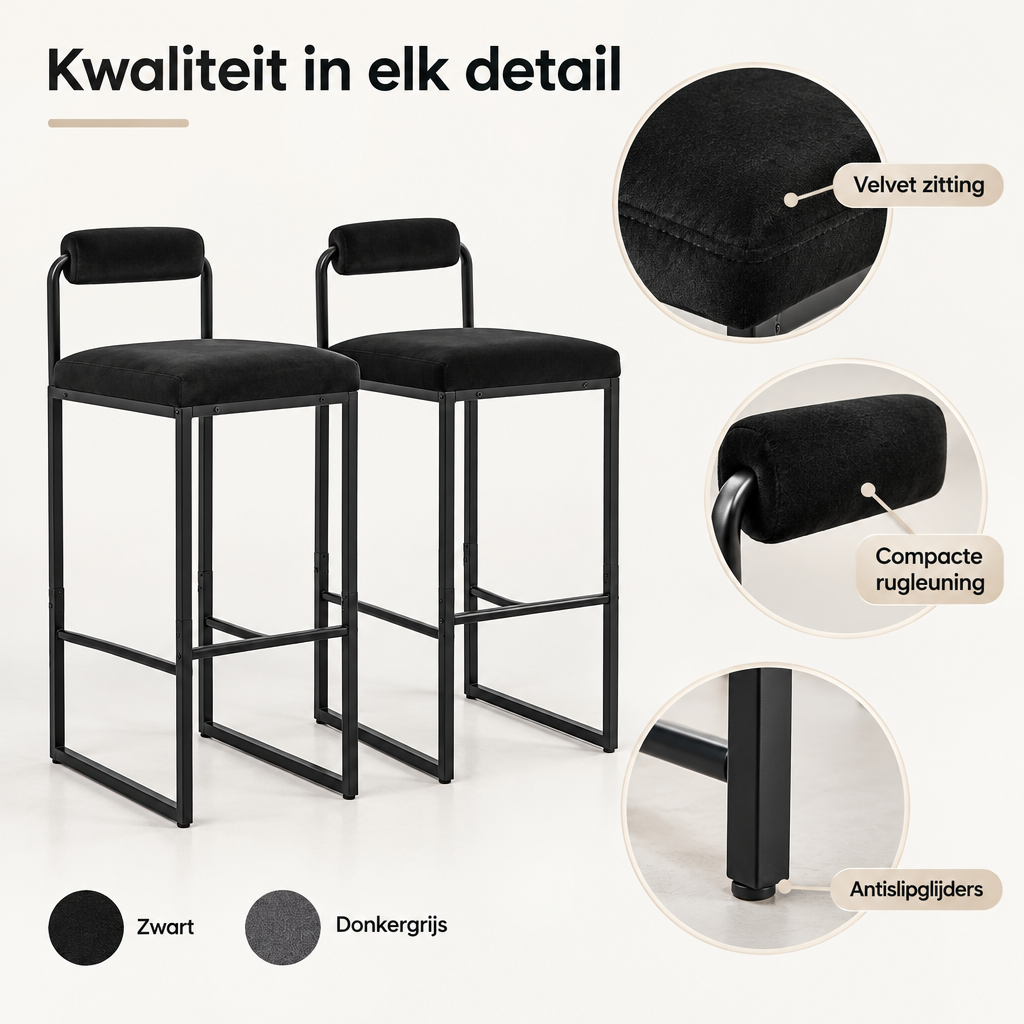 Detail van materiaal en afwerking van barkrukken set van 2