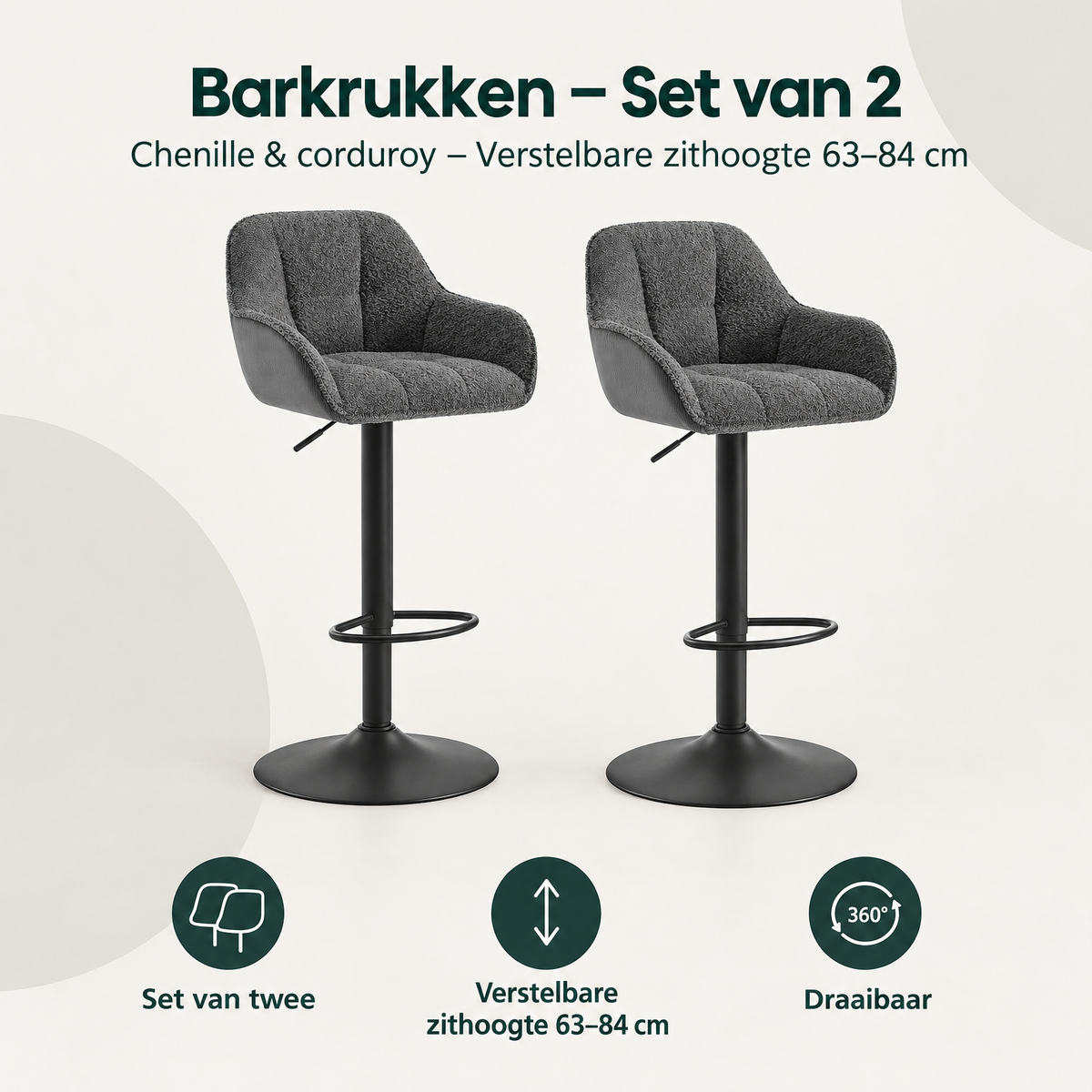 Overzicht van barkrukken set van 2 met de belangrijkste productvoordelen