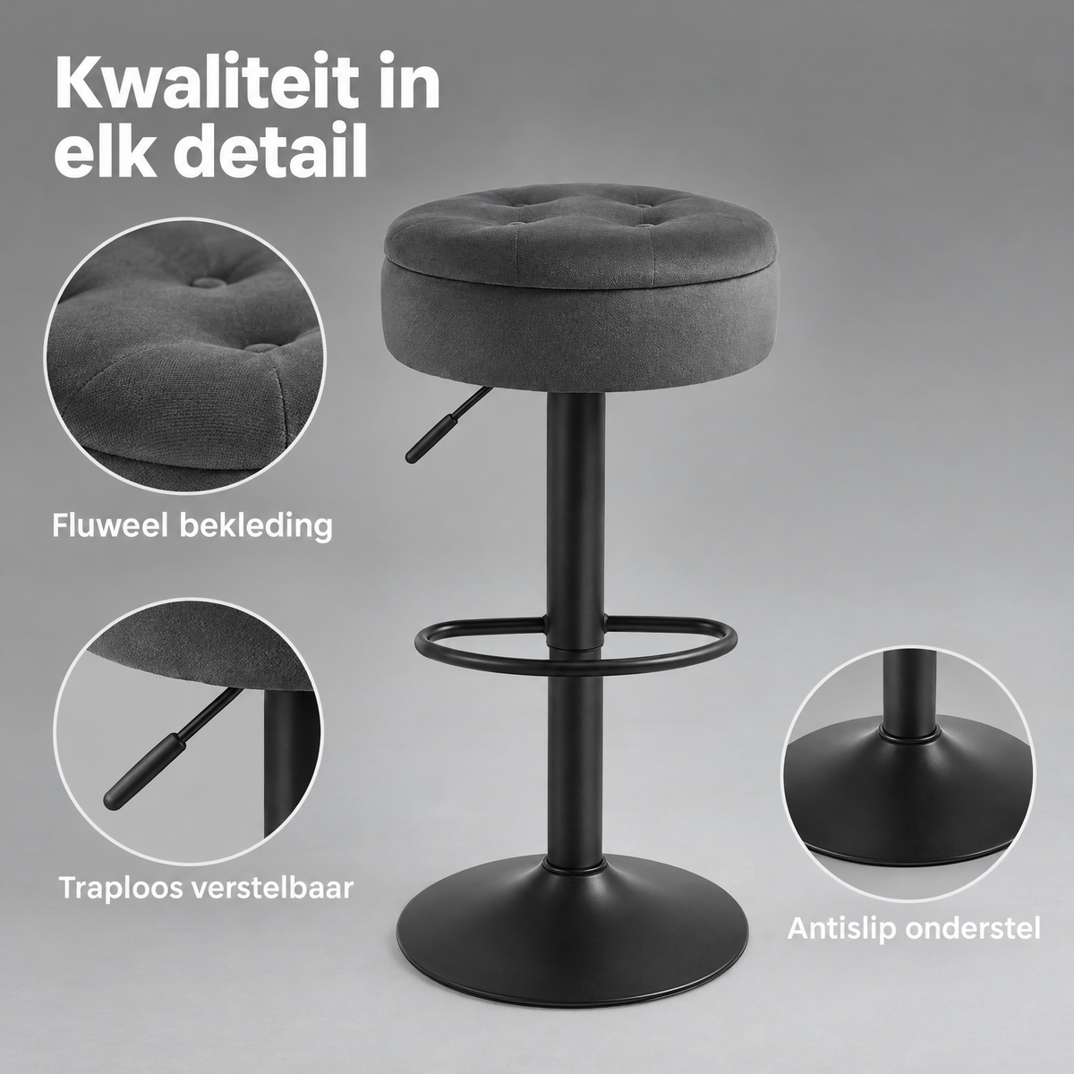Detail van materiaal en afwerking van barkrukken zonder rugleuning