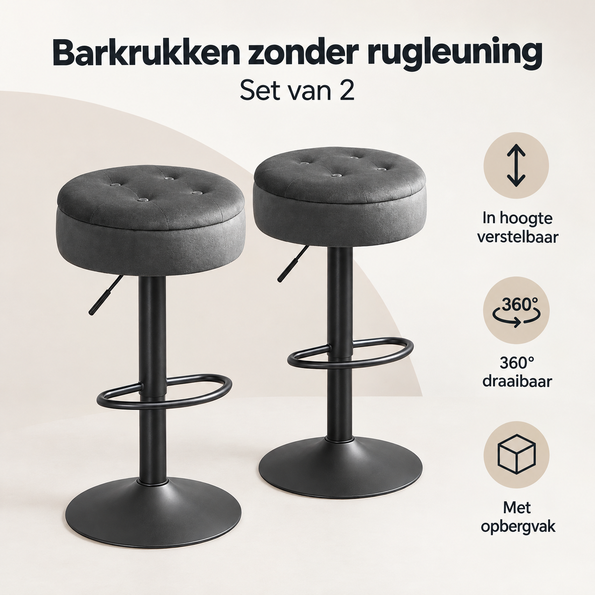Overzicht van barkrukken zonder rugleuning met de belangrijkste productvoordelen