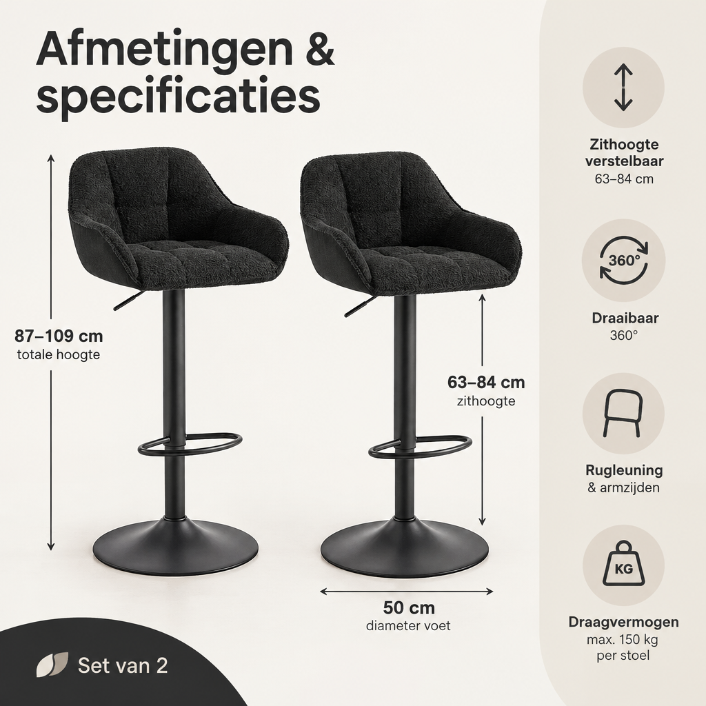 Afmetingen en productspecificaties van barstoelen set van 2