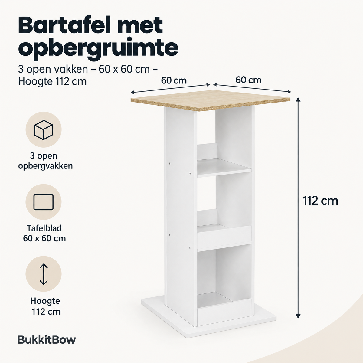 Afmetingen en productspecificaties van bartafel met opbergruimte