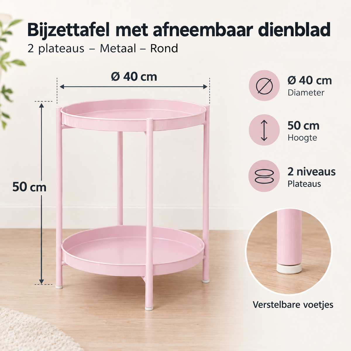 Afmetingen en productspecificaties van bijzettafel met afneembaar dienblad