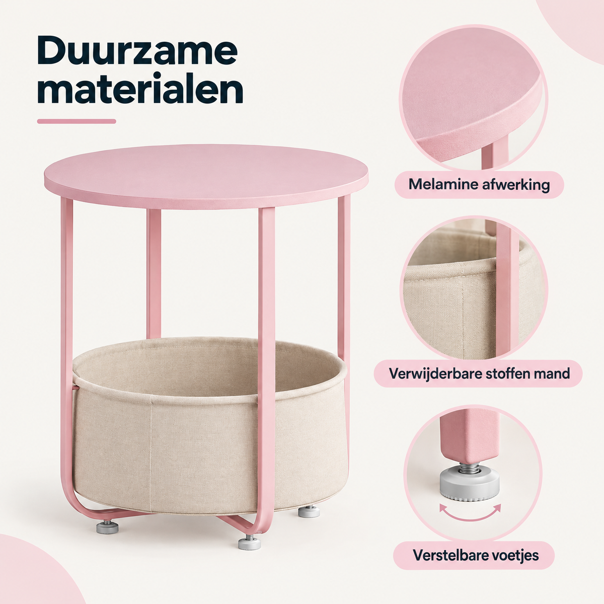 Detail van materiaal en afwerking van bijzettafel met opbergmand