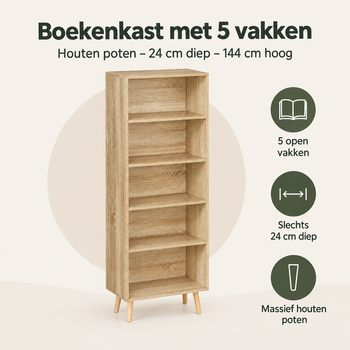 Overzicht van boekenkast met 5 vakken met de belangrijkste productvoordelen