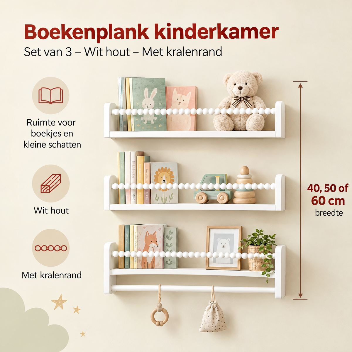 Afmetingen en productspecificaties van boekenplank kinderkamer