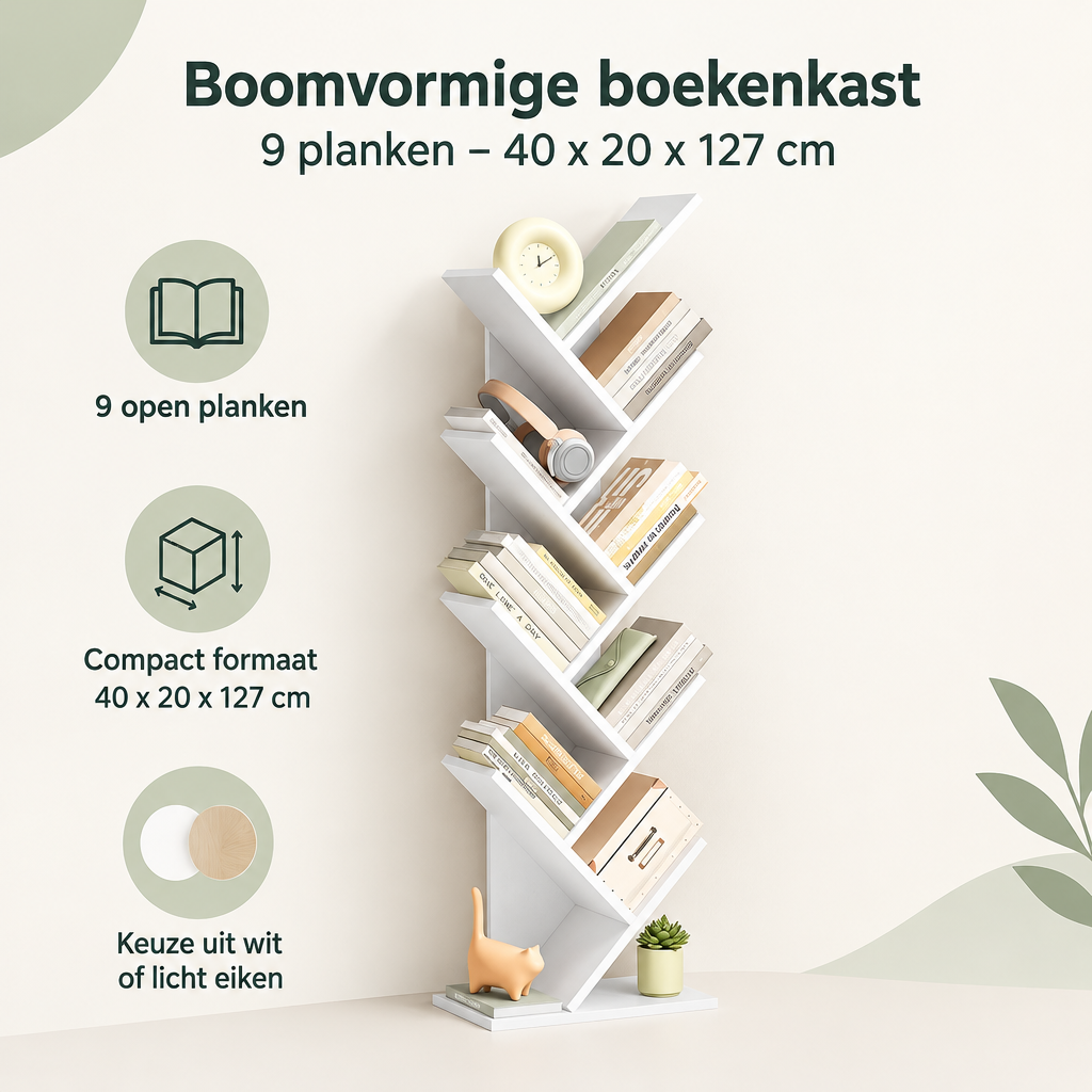 Overzicht van boomvormige boekenkast met de belangrijkste productvoordelen
