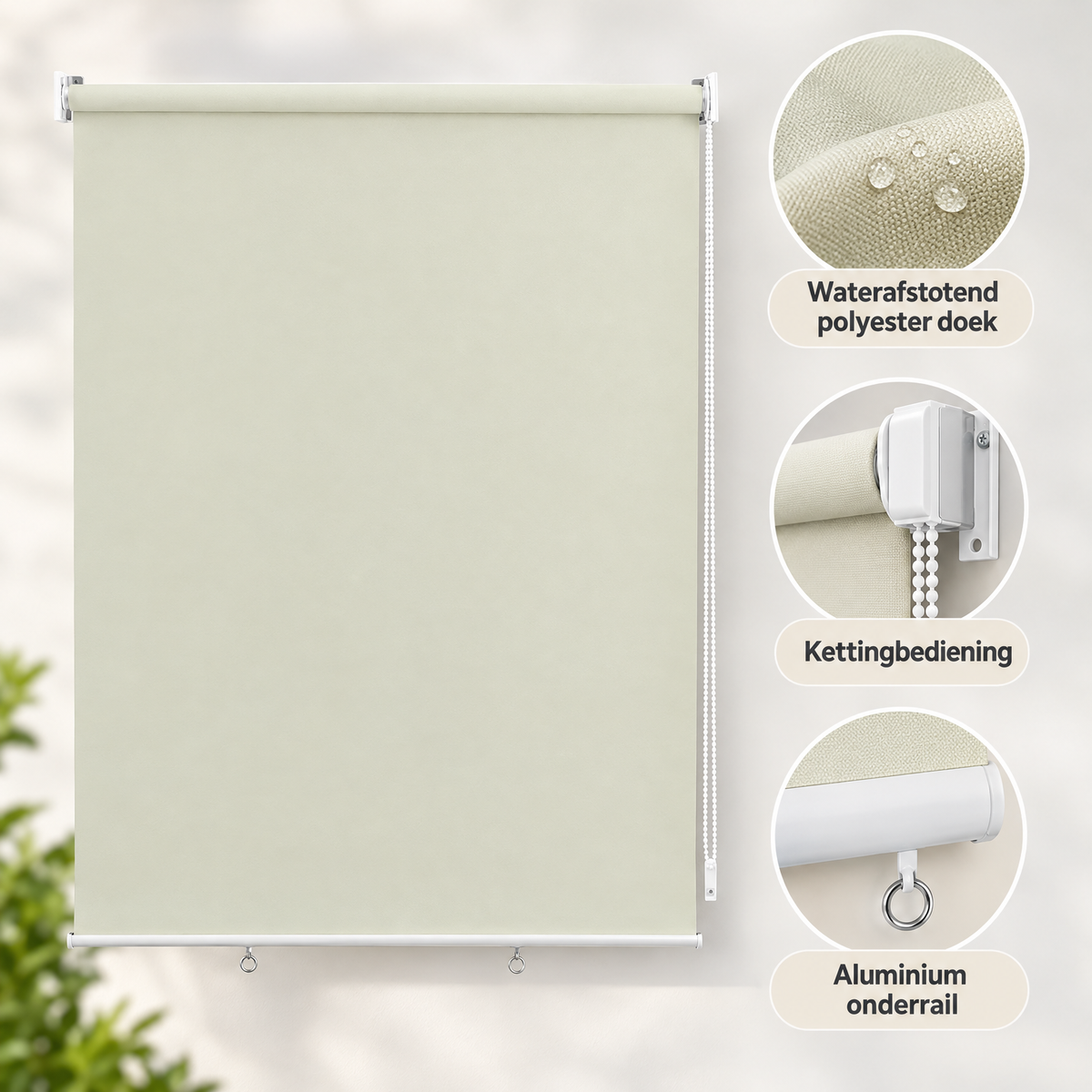 Detail van materiaal en afwerking van buitenrolgordijn