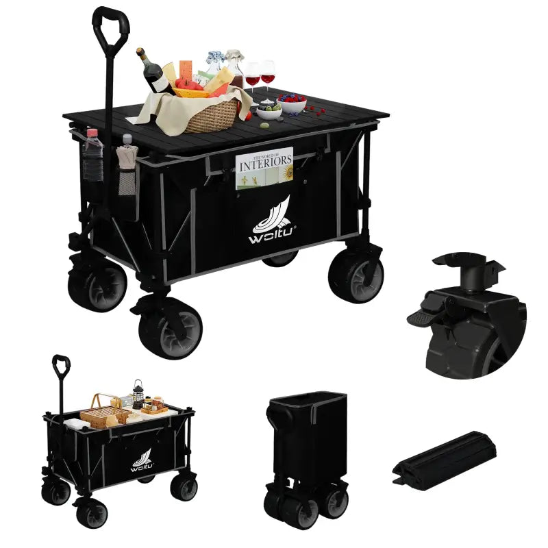 BukkitBow 2-in-1 opvouwbare bolderkar met tafelblad, gecoat staal, Oxford-doek en all-terrain wielen voor multifunctioneel gebruik.