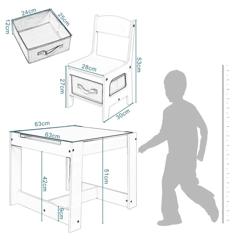 BukkitBow 3-in-1 kindertafel met omslaarbaar schoolbord en opbergruimte, veilig ontwerp, afmetingen 63x63x51cm.