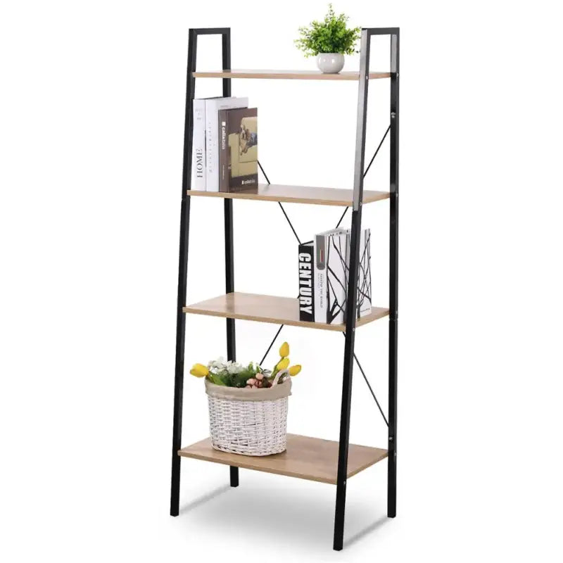 BukkitBow 4-lagen ladder boekenkast, houten opslagmeubel voor woonkamer, slaapkamer of keuken, afmetingen 60x35x148cm.