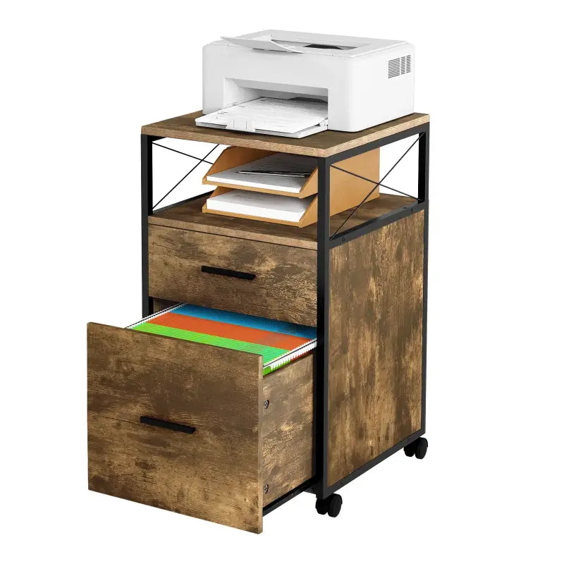 BukkitBow archiefkast rolcontainer met 2 lades en open vak, wielen voor A4 en Letter mappen, zwart metalen ontwerp