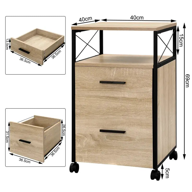 BukkitBow archiefkast met 2 lades, open vak, wielen, geschikt voor A4 en Letter mappen, zwart metalen rolcontainer