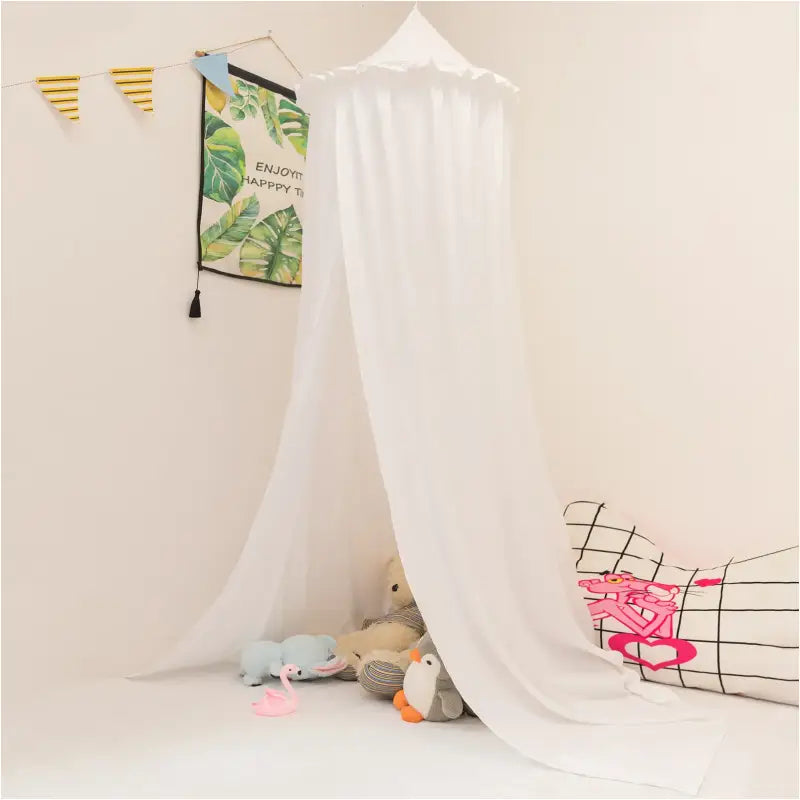 BukkitBow baby/kinder klamboe in grijs, roze en wit, 230 cm hoog en 60 cm diam. met 85g/m² stofgewicht, beschermt tegen insecten.