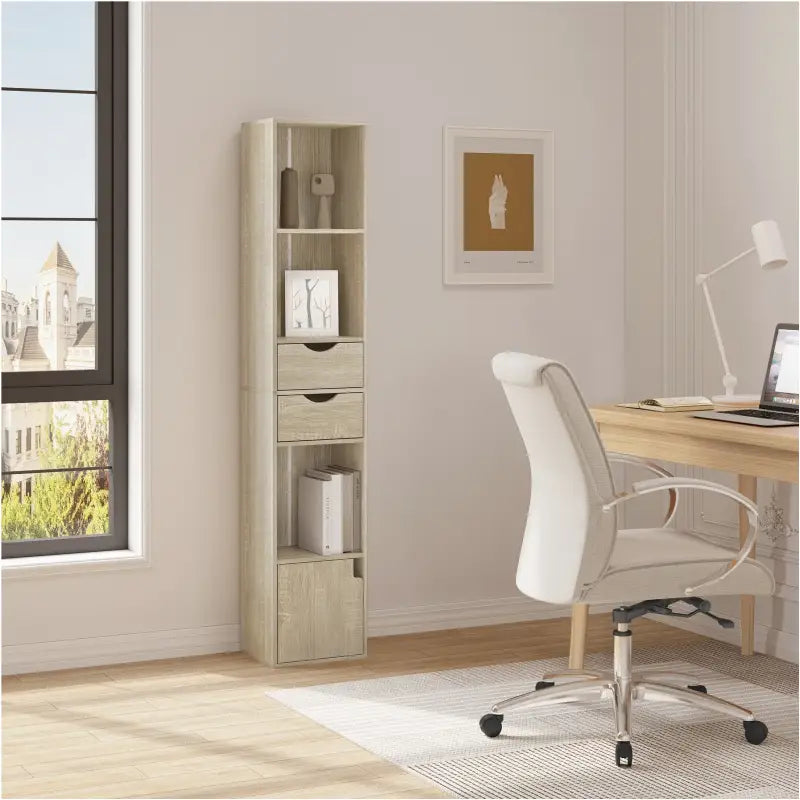 BukkitBow boekenkast met 3 vakken en 2 lades, ruimtebesparend, afmetingen 30x158x24cm, in een modern interieur