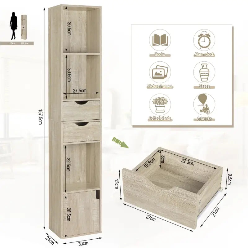 BukkitBow boekenkast met 3 vakken en 2 lades, compacte ruimtebesparende kast in zwart hout, afmetingen 30x158x24cm