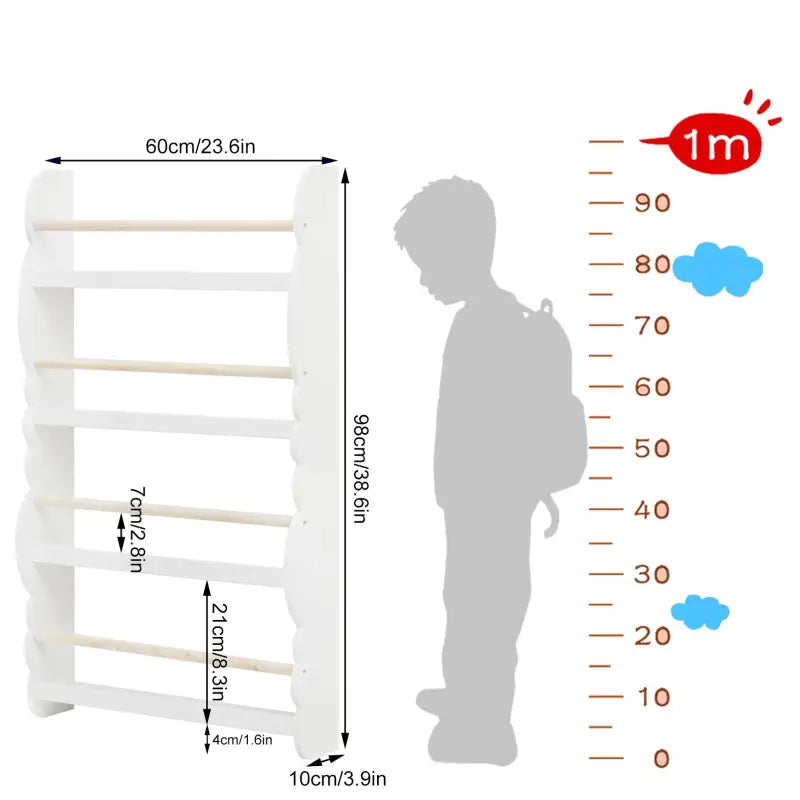 Houten BukkitBow kinderboekenkast met meerdere boekenplanken voor de kinderkamer, geschikt voor speelgoed en boeken.