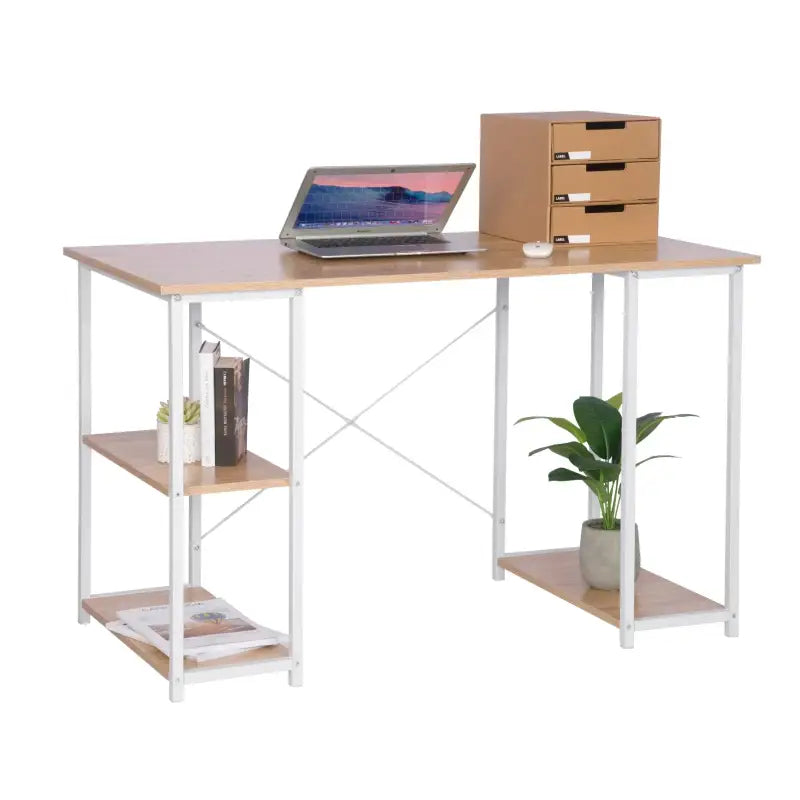 BukkitBow bureau met computerstandaard, opbergvak, 2 planken, houten panelen, stalen structuur, licht eiken of wit, 120x60cm