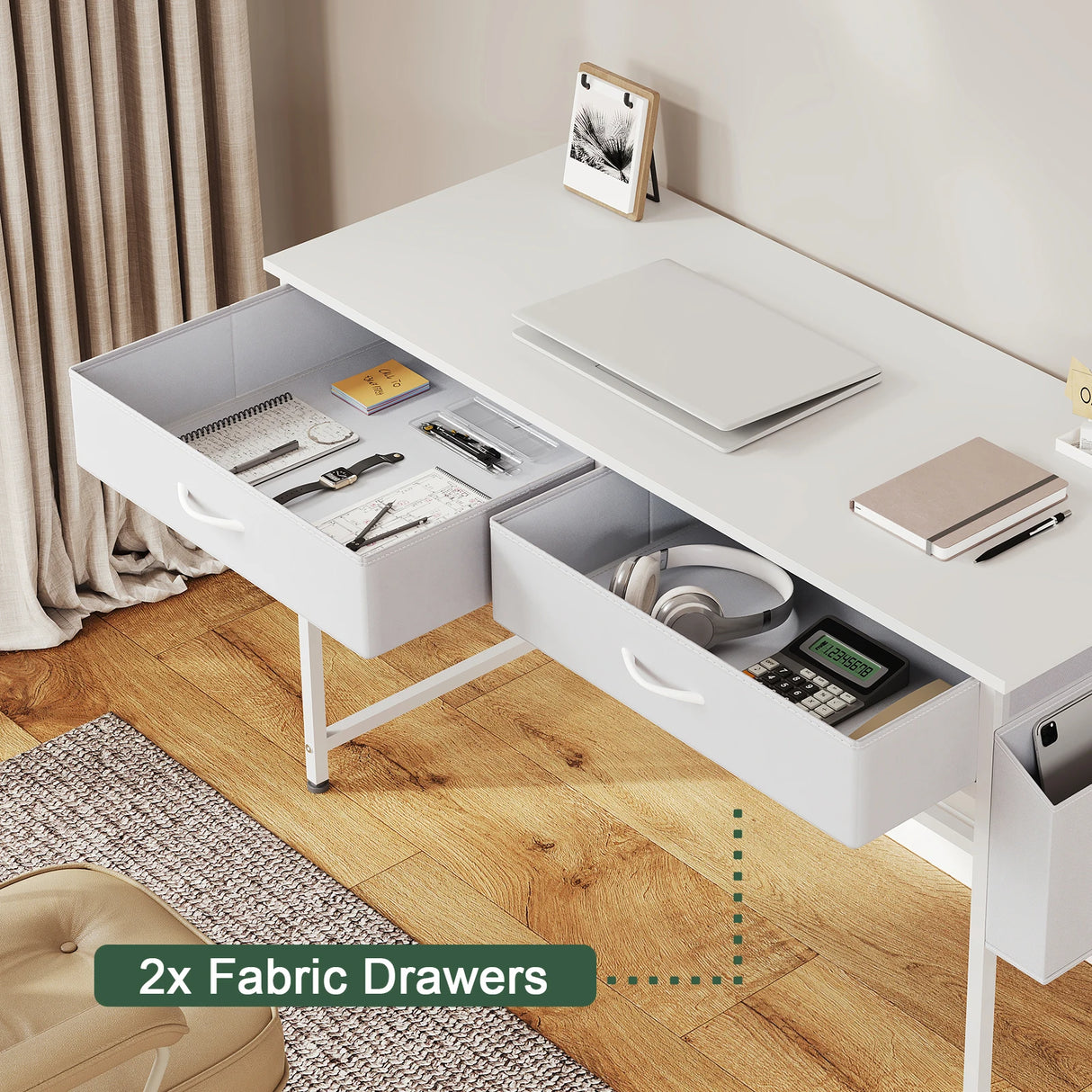 BukkitBow bureau met laden en opbergvakken, stevig metalen frame, geschikt voor thuis en kantoor, werktafel met haak.