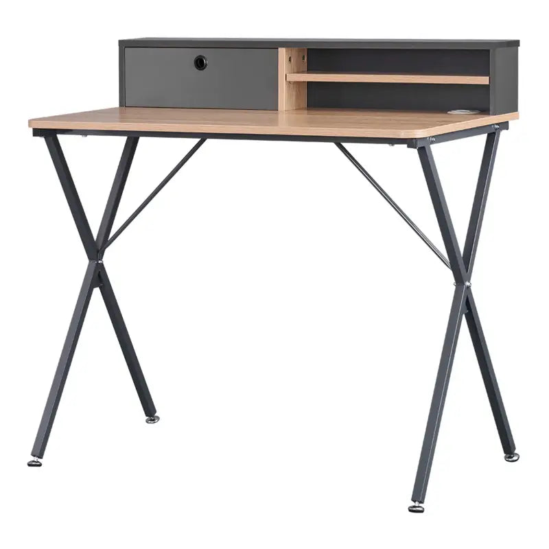 BukkitBow bureautafel met stalen frame, licht eikenhout, lade, opbergvakken en beweegbare poten, 90x50cm, modern studeertafel
