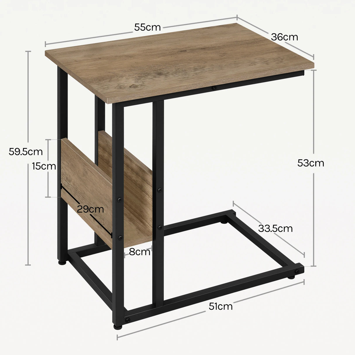 Industriele BukkitBow C-vormige bijzettafel met zijvak van metaal, geschikt voor woonkamer of slaapkamer.