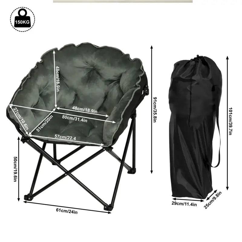 BukkitBow campingstoel met gevoerde fluwelen bekleding, 150 kg draagvermogen en draagbare opberghoes, geschikt voor outdoor gebruik.