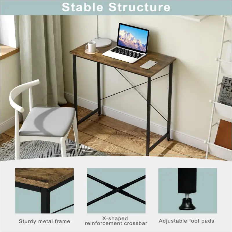BukkitBow compact bureau met metalen frame en vintage bruine houten afwerking, afmetingen 80x40x75 cm, modern en stijlvol ontwerp