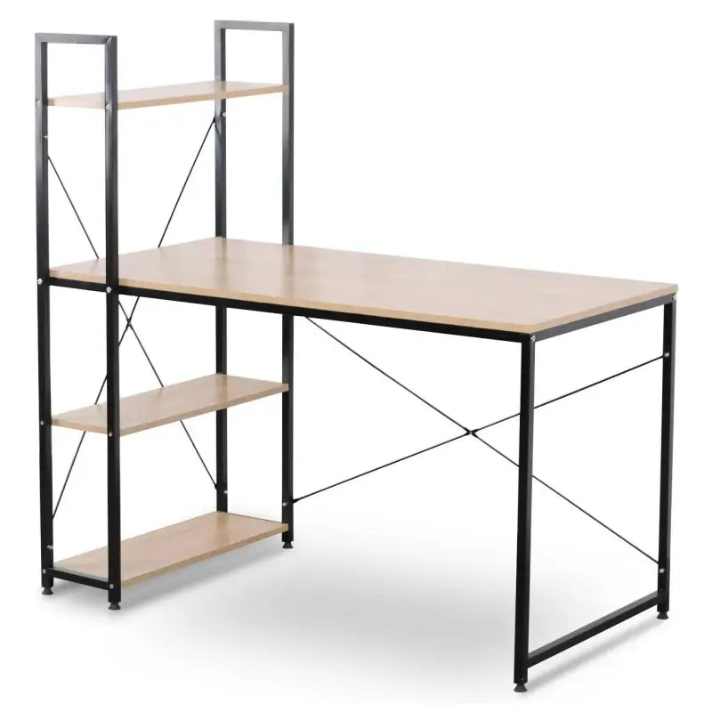BukkitBow hoekbureau met 4 planken, spaanplaat en metalen frame, compact ontwerp, 120x64x120cm, ideale werkplek en opbergruimte