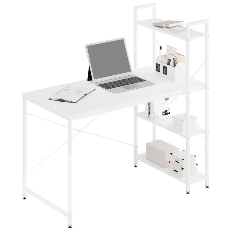 BukkitBow compact hoekbureau met opslagrek, spaanplaat en metaal, 4 planken, afmetingen 120x64x120cm, moderne werkplek