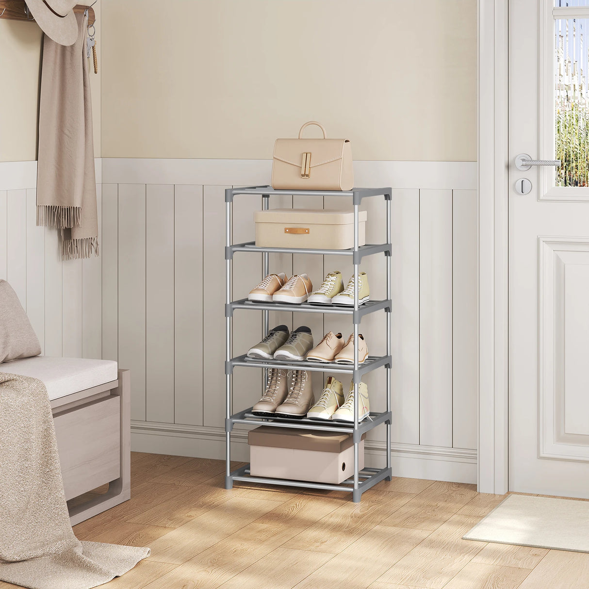 BukkitBow compact metalen schoenenrek, stapelbaar met open systeem, geschikt voor het organiseren van schoenen in een moderne ruimte