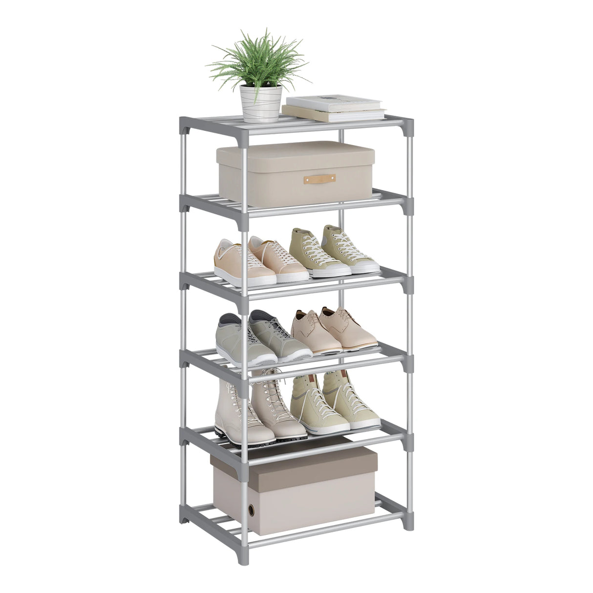 BukkitBow metalen schoenenrek, compact en stapelbaar, open systeem voor overzichtelijke schoenenopslag.