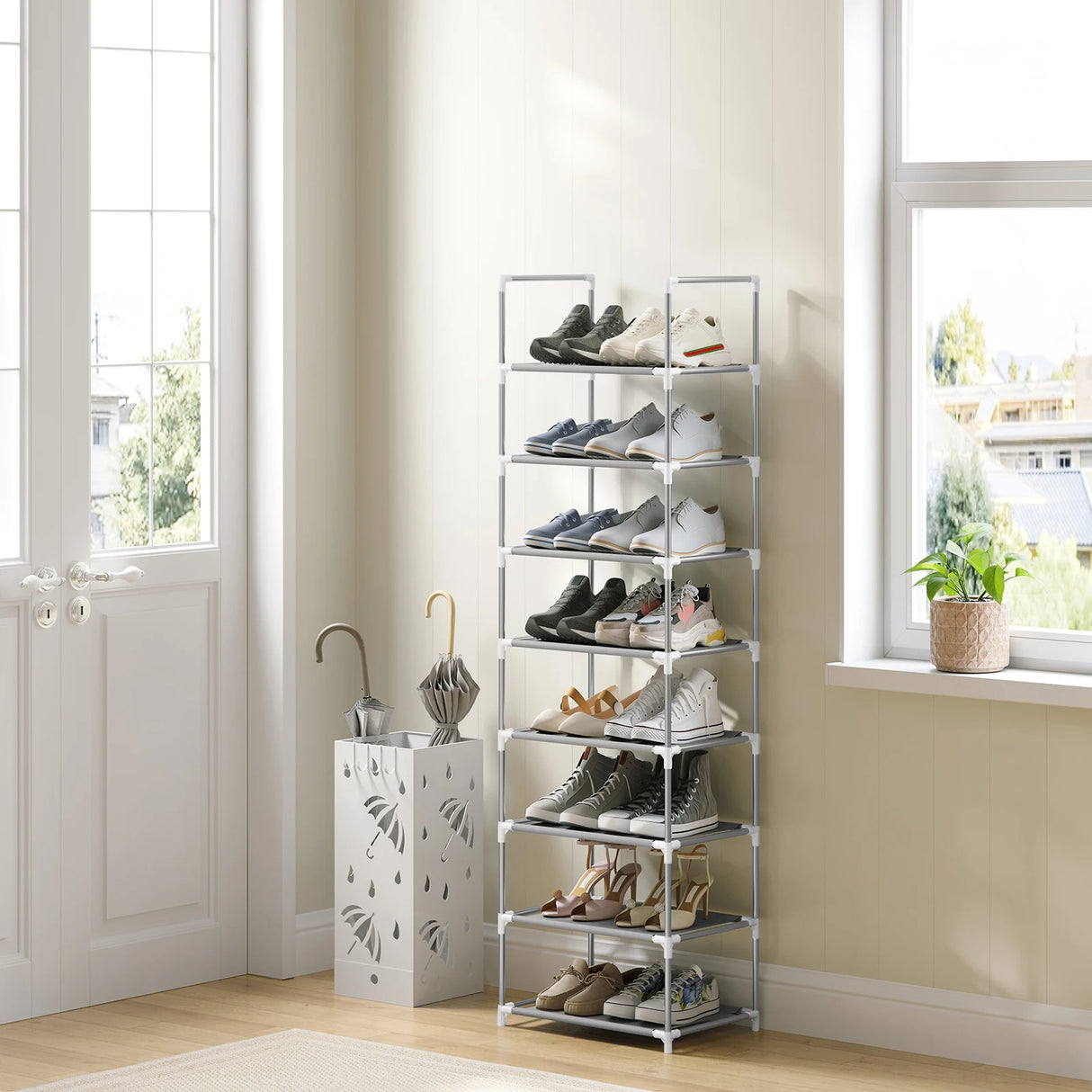 BukkitBow Compact schoenenrek met metalen buizen, stapelbaar en flexibel, geschikt voor het organiseren van schoenen.