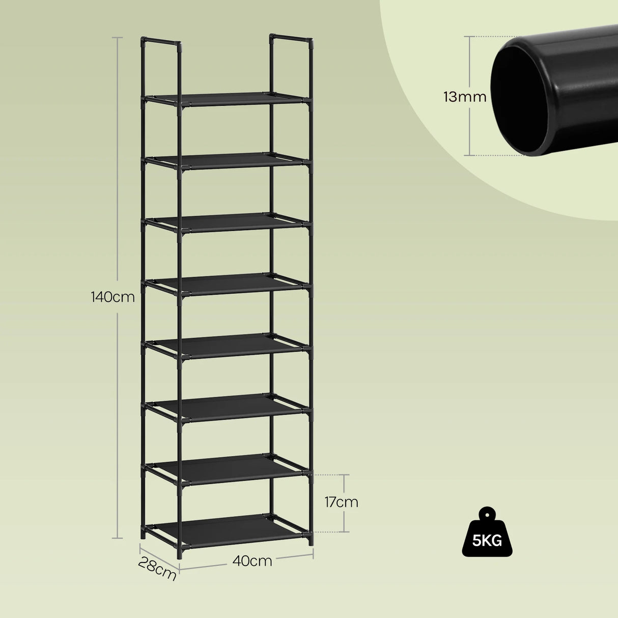 BukkitBow compact schoenenrek met metalen buizen, stapelbaar en flexibel voor het organiseren van schoenen.