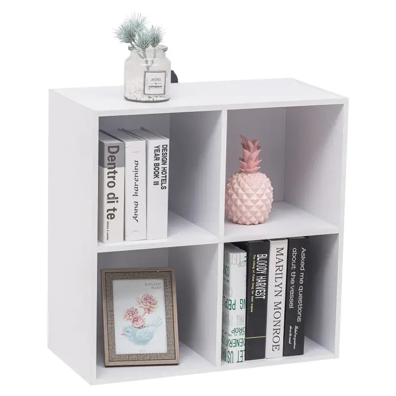 BukkitBow compacte kubus boekenkast met 4 vakken, ruimte-efficiënt en multifunctioneel, afmetingen 60x29,5x60cm, in zwart.