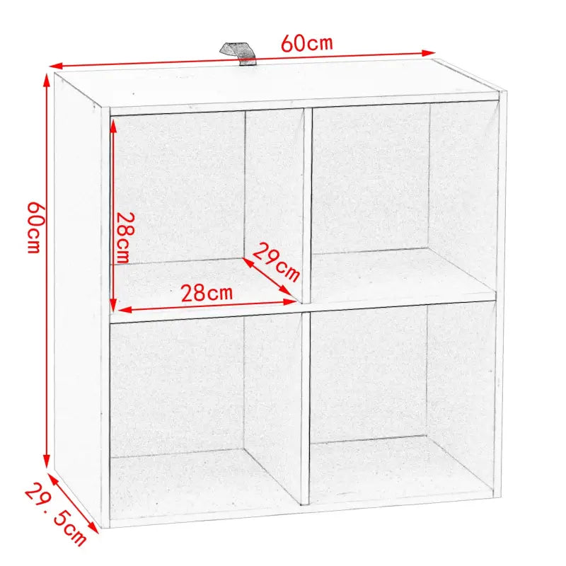 BukkitBow compacte kubus boekenkast met 4 vakken, ruimte-efficiënt en multifunctioneel, afmetingen 60x29,5x60cm.