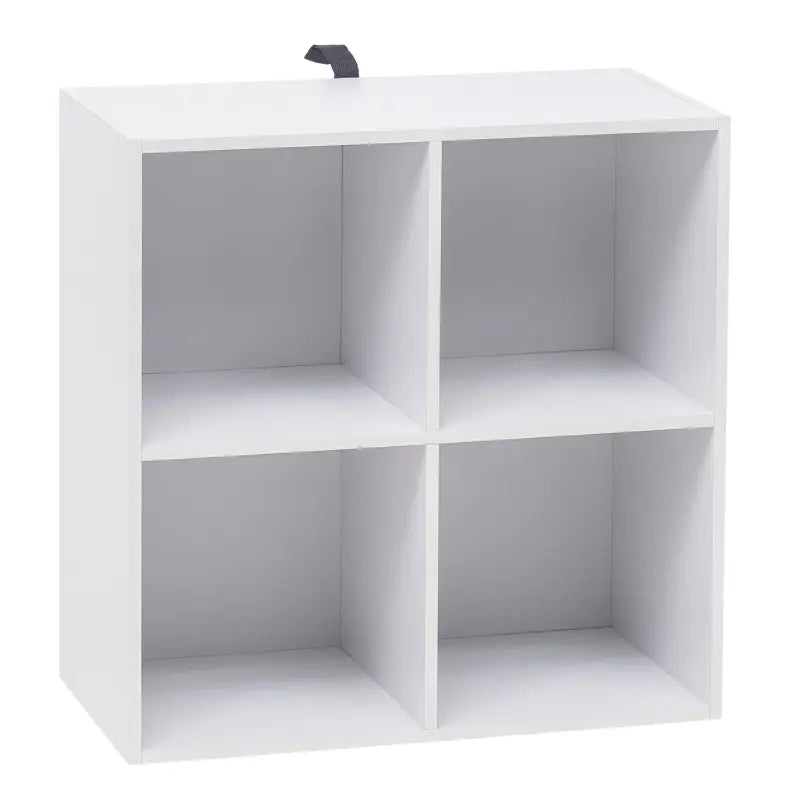 BukkitBow compacte kubus boekenkast met 4 vakken, ruimte-efficiënt en multifunctioneel, afmetingen 60x29,5x60cm.