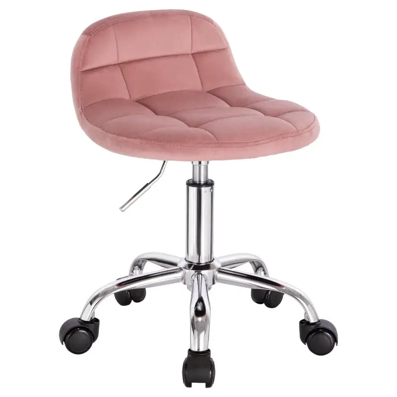 BukkitBow bureaustoel met lage velvet-fluwelen zitting, metalen onderstel, wielen en in hoogte verstelbaar van 43,5 tot 55 cm
