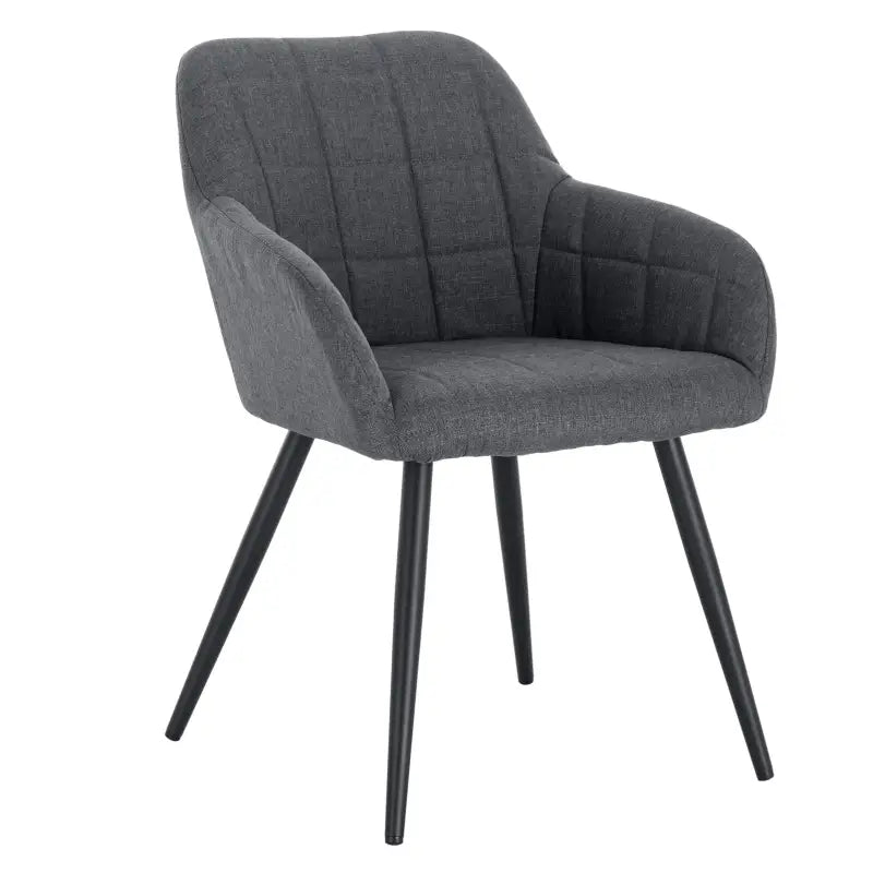 BukkitBow eetkamerstoel met leren, stoffen en linnen bekleding, ergonomisch en stevig, zithoogte 47cm in een moderne eetkamer setting.