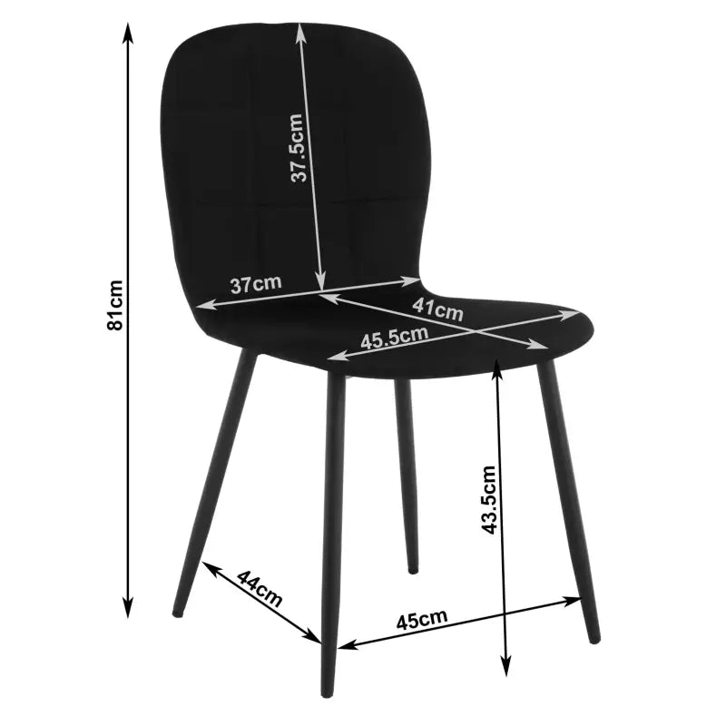 Set van 4 BukkitBow eetkamerstoelen met fluwelen zitting en metalen poten, ergonomisch ontworpen voor comfortabele eettafels.