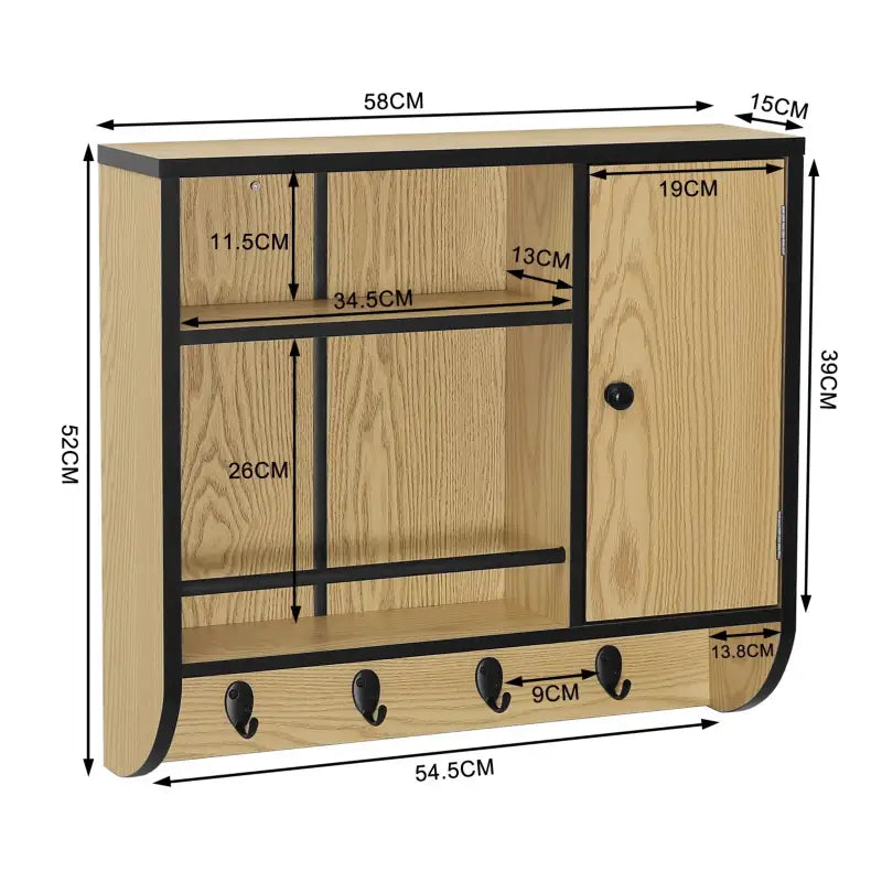 BukkitBow eiken badkamermeubel met verstelbare planken, wandkast, industrieel ontwerp, afmetingen 58x52x15 cm.