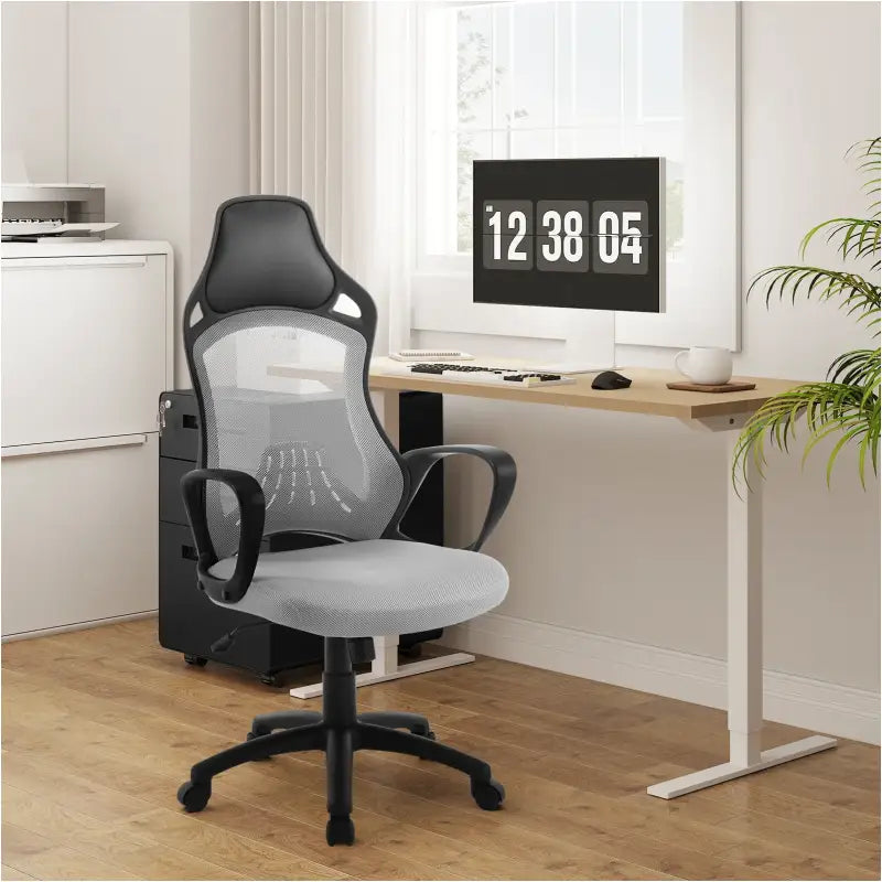 BukkitBow ergonomische bureaustoel met mesh bekleding, wipfunctie en hoofdkussen voor comfortabel zitten.