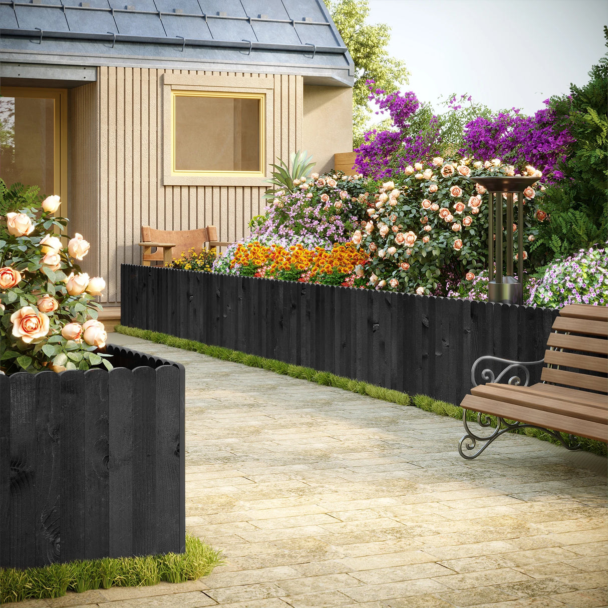 Flexibele houten gazonrand van BukkitBow, 20-60 cm breed, voor tuinafscheiding en borders, 2 meter lang.