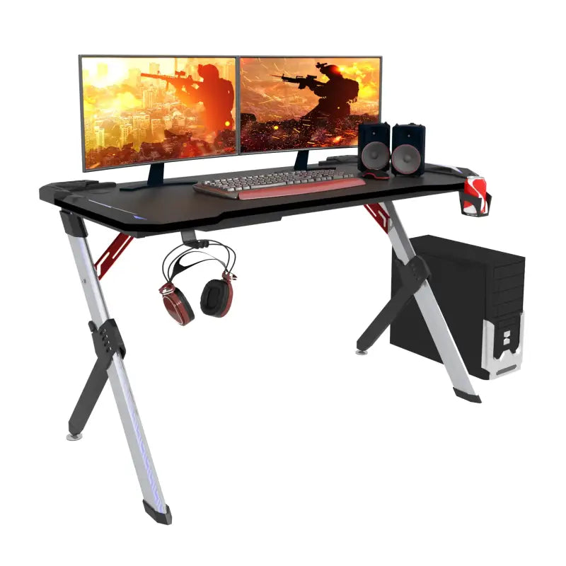 BukkitBow gaming bureau met bekerhouder, headsetstand en RGB-verlichting, afmetingen 116,5x56,5x73 cm, zwart en modern design