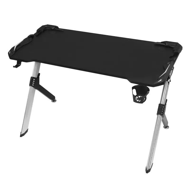 BukkitBow gaming bureau met bekerhouder, headsetstand en RGB-verlichting, afmetingen 116,5x56,5x73 cm, zwart en modern ontwerp.