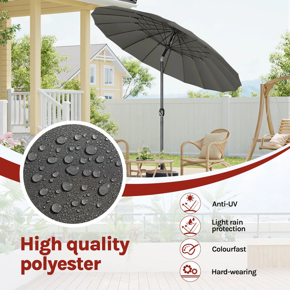 Grote ronde BukkitBow tuinparasol met 18 glasvezel baleinen, kantelbaar voor schaduw in de tuin