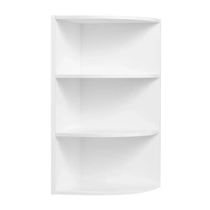 Witte BukkitBow hangende hoekboekenkast met vier open planken, ruimtebesparend en veelzijdig voor thuis of kantoor.