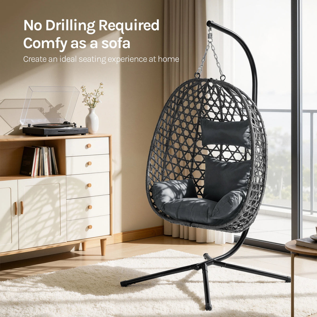 BukkitBow hangstoel met standaard, rotan en metalen frame, comfortabele Haag Ei stoel voor binnen en buiten.