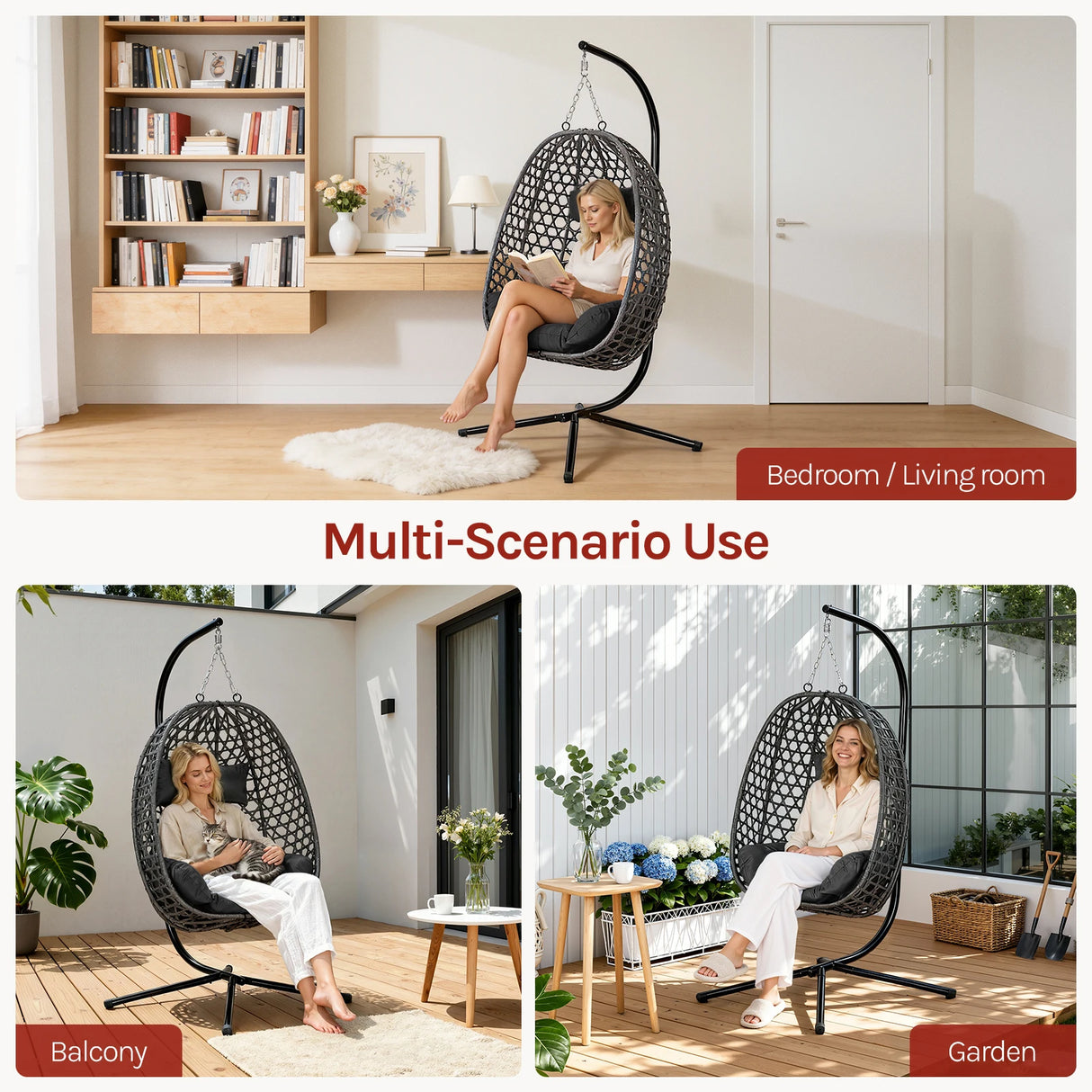 BukkitBow hangstoel met standaard, rotan en metalen frame, comfortabel Hagend Ei design voor binnen en buiten gebruik